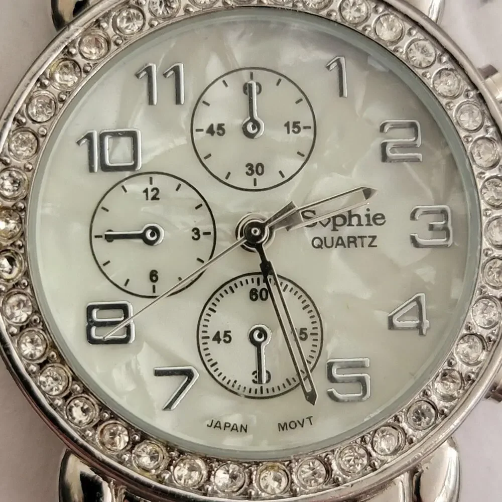 Vintage Sophie Quartz Womens Watch Silver White Dial Crystal Bezel Bracelet